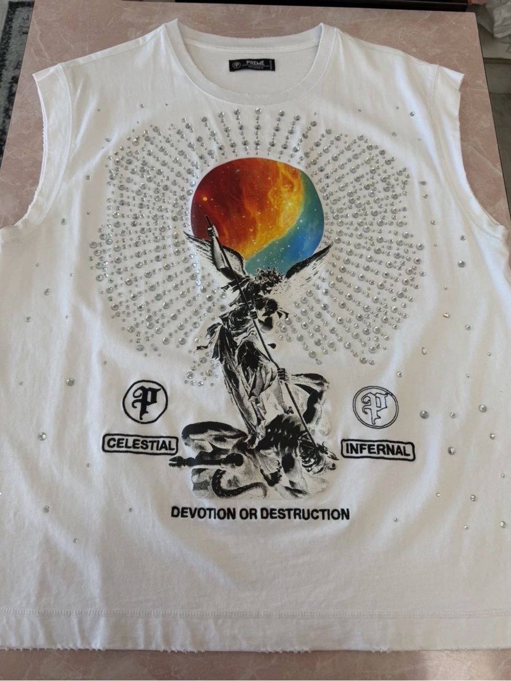 White Celestial Infernal Embellished Graphic Tank Top